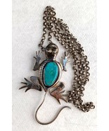 Signed Ben Ration Lizard Gecko Turquoise Sterling Silver Necklace Pin - £217.27 GBP