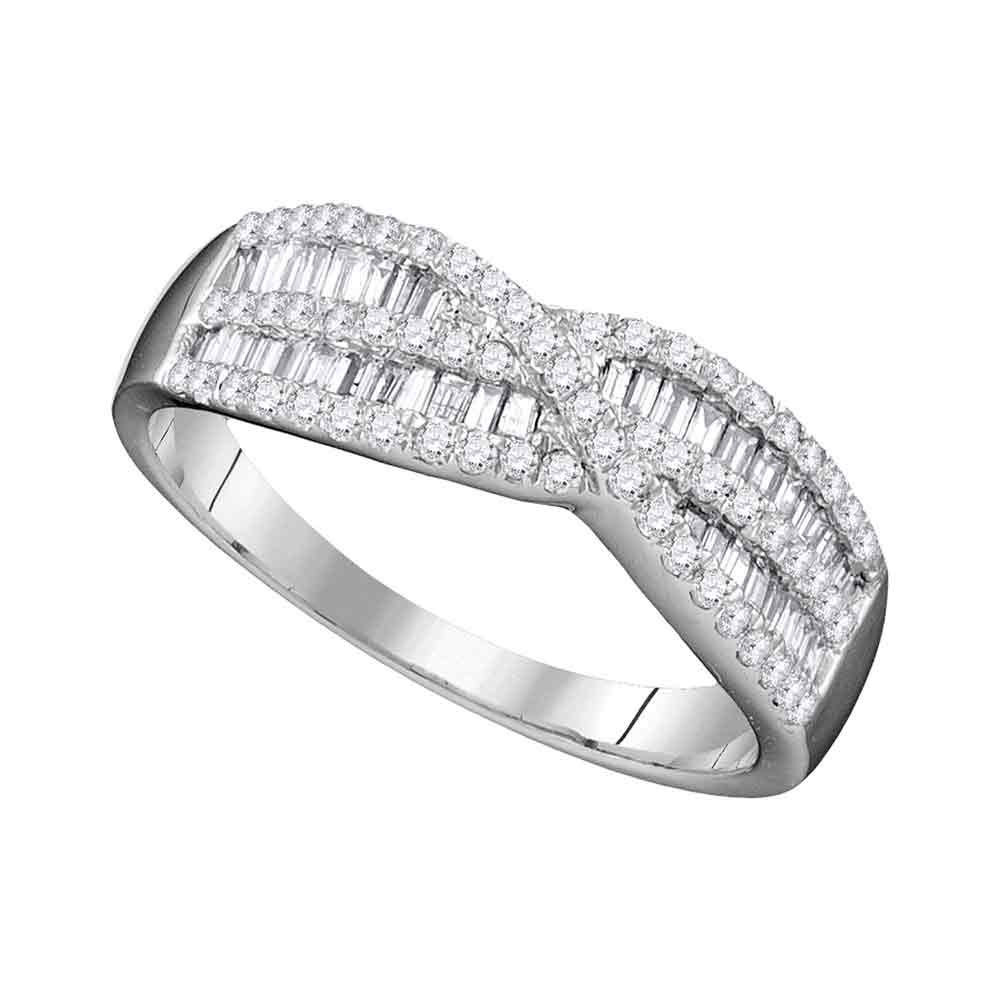 10k White Gold Round Baguette Diamond Woven Crossover Band Ring 5/8 Cttw