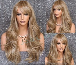 Stunning Human Hair Blend Wig Golden and Ash Blonde Mix Long Layered Bangs Wavy  - $98.95