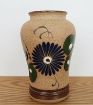 Vintage blue green &amp; white floral painted Mexican pottery vase - $24.99