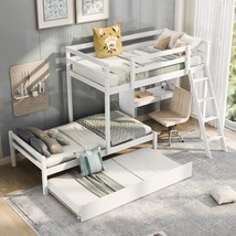 Moeo Twin Over Twin Bunk Bed With Trundle And Ladder For Kids, Adults,, White - £368.83 GBP