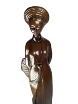 Figurine Statue Woman With Fan Hat Coat Greek Key Dark Brown Resin Asian 10” - £14.93 GBP