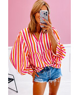 Orange Stripe Balloon Sleeve Notched V Neck Blouse - $4,190.09 MXN