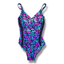 Vintage 80s Maxine Of Hollywood Womens Neon Floral One-Piece Swimsuit Size 12 - £23.81 GBP