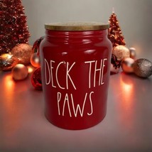 Rae Dunn Christmas Dog Red Ceramic Canister Jar “DECK THE PAWS” Wooden L... - $38.53