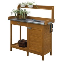 Outdoor Home Garden Potting Bench with Metal Table Top and Storage Cabinet - £313.53 GBP