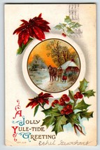 Christmas Postcard Embossed Poinsettias Flowers Horse Family Cottage Ser... - £6.46 GBP