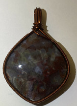 Necklace Pendant Agate Stone Blue Green Burgundy Copper Wire Wrapped - £7.47 GBP
