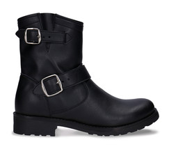 Womens biker boots ankle black vegan leather zipper buckle straps heel e... - $135.25