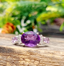 Natural Amethyst Women Ring Oval Amethyst Ring 925 Sterling Silver Ring Jewelry - £51.54 GBP