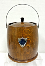 Antique English Dark Oak Shield Crest Porcelain Liner Biscuit Barrel Lid... - $49.01
