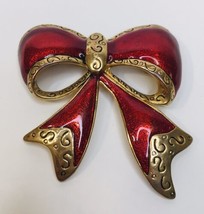 Vintage Red Enamel Gold Tone Festive Bow Ribbon Brooch Pin 2&quot; Christmas Holiday - £11.04 GBP