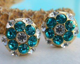Vintage Rhinestone Button Earrings Flower Round Teal Turquoise Pierced - £15.89 GBP