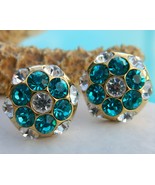 Vintage Rhinestone Button Earrings Flower Round Teal Turquoise Pierced - £15.91 GBP