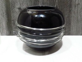 Onyx Black Glass Orb Round Ball Vase Applied Clear Rings Modernist  Blow... - $98.01