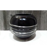 Onyx Black Glass Orb Round Ball Vase Applied Clear Rings Modernist  Blow... - £77.07 GBP