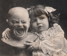 Creepy Mask Statute Art Little Girl Oddity Bizarre Postcard Vintage - £14.64 GBP