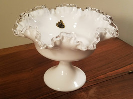 Vintage Fenton Milk Glass Silver Crest Ruffle Compote Candy Dish Pedestal Bowl - £23.31 GBP