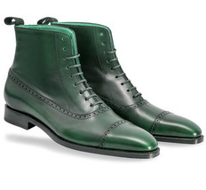 Green High Ankle Genuine Leather Handmade Rounded Derby Cap Toe Lace Up Boots - £119.89 GBP