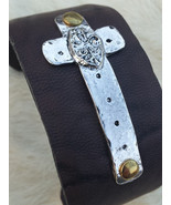 Hammered Cross Cuff Bracelet BROWN Leather Worn Silver FREE SHIPPING New... - $23.76