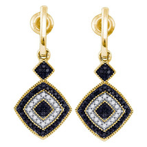 10k Yellow Gold Black Color Enhanced Diamond Concentric Square Dangle Earrings - £350.91 GBP