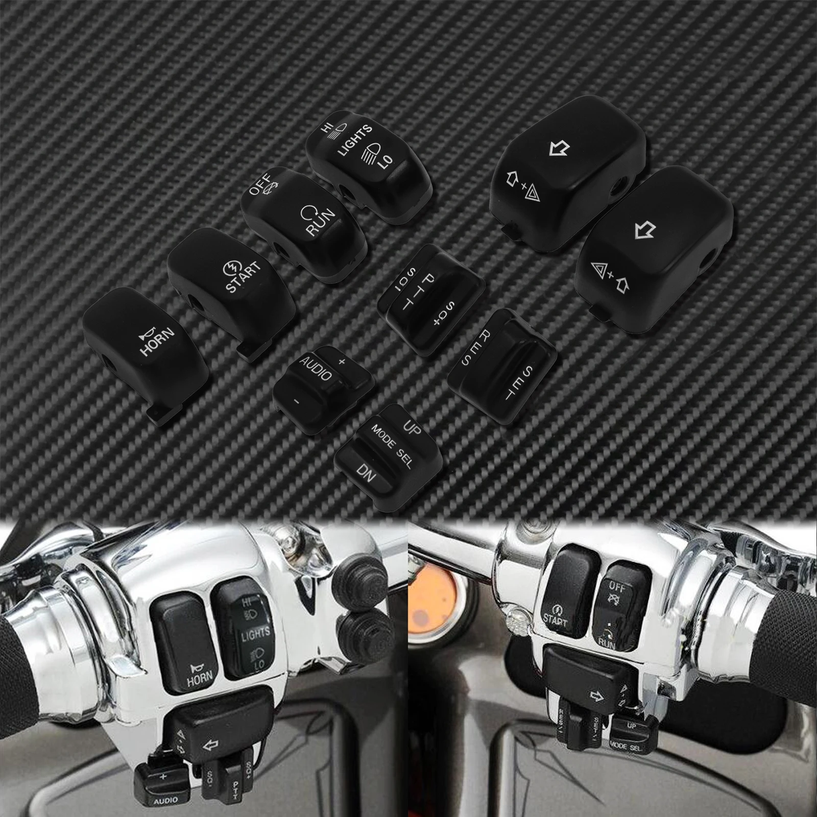 10 pcs Motorcycle Black Chrome Hand Control Switch Housing Buttons Caps  Harley  - £149.64 GBP