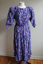 Vtg 80s Nina Piccalino 8 Purple Floral Violet Puff Sleeve Midi Dress USA - £25.26 GBP