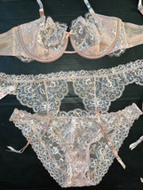 Victoria&#39;s Secret 38DDD Conjunto Sujetador + Liguero + XXL Beige Plata C... - £99.70 GBP