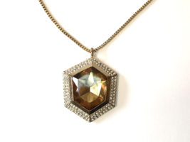 Vintage Gold Tone Necklace Rhinestone &amp; Golden Amber COLORED Cabochon Ma... - £15.73 GBP