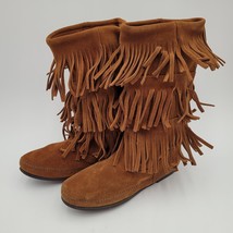New Minnetonka Moccasin Womens Size 7 Brown Suede Boot 3 Layer Fringe Calf High - £27.77 GBP