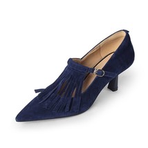 LeShion Of Chanmeb Women Sheep Suede Pumps Retro Tassel Fringe Navy Blue High He - £93.80 GBP