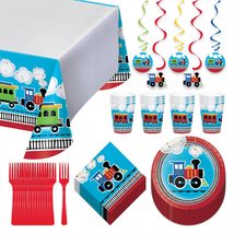 Train Theme Party Supplies - All Aboard Paper Dessert Plates, Napkins, Cups, Tab - £23.87 GBP