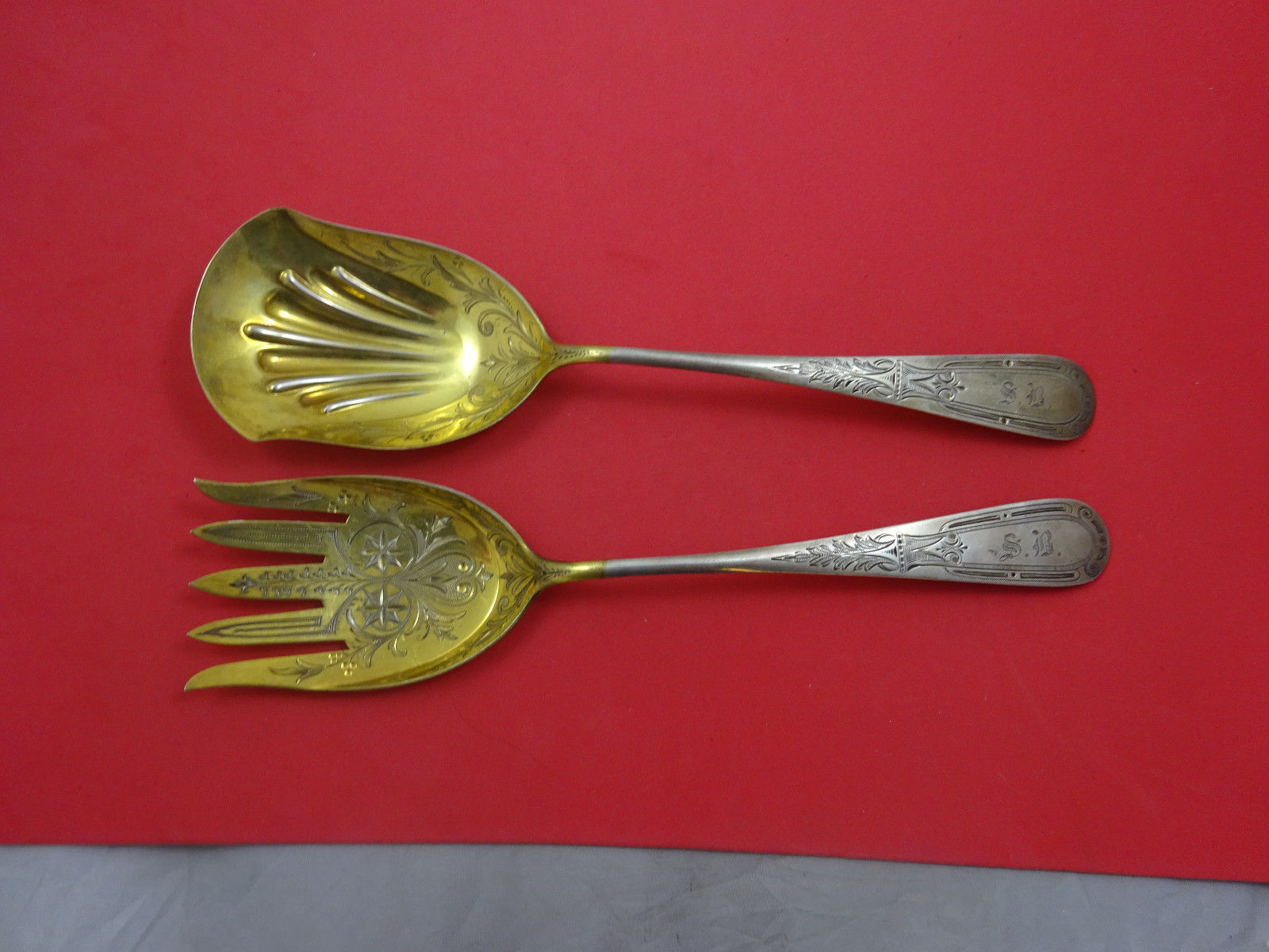 Primary image for Unknown by Kirder & Biddle Sterling Silver Salad Serving Set Goldwashed Bc