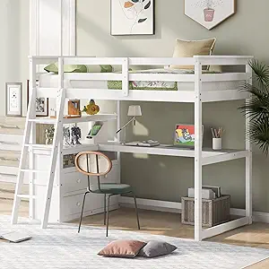 Twin Size Loft Bed With Desk And Shelves, Stylish Bedframe With Two Built-In Dra - £1,105.97 GBP