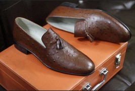 New Handmade Brown Embossed Ostrich Leather Formal Slip on Tassels Loafers Men - £160.73 GBP