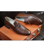 New Handmade Brown Embossed Ostrich Leather Formal Slip on Tassels Loafers Men - $199.99