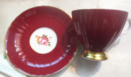 ROYAL Grafton Bone China Cup Teacup Saucer Burgundy Gold Trim Pink Flower - £22.11 GBP