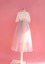 Rainbow Color Midi Tulle Skirt Holiday Outfit Women Rainbow Stripe Tulle Skirts  image 5