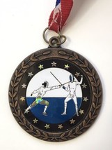 Vintage Crown Trophy FENCING Medal w/ Ribbon Holo Accents - $20.00