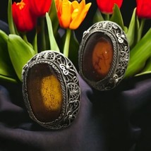 Estate Art Deco sterling silver 925  filigree amber clip on earrings - £99.90 GBP