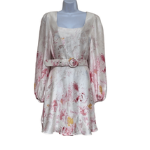 BCBG Maxazria Womens 16 Satin Mini Dress White Pink Floral Belted Pocket... - $140.24