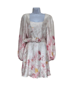 BCBG Maxazria Womens 16 Satin Mini Dress White Pink Floral Belted Pockets NWT - £110.46 GBP