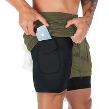 Men Running Shorts 2 In 1 Double-deck Sport Gym Fitness Jogging Pants, Green - £10.29 GBP