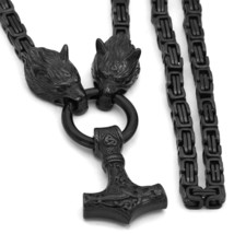 Viking Mjolnir Necklace Black Stainless Steel Geri Freki Wolf Byzantine Chain 28 - £54.72 GBP