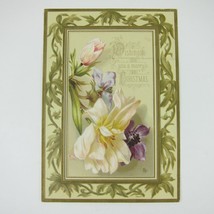 Victorian Christmas Card Flowers Pink Purple Yellow Back Cherubs Birds Antique - £6.25 GBP