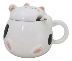 Whimsical White Chubby Feline Kitty Cat Cup Mug With Lid And Stirring Spoon - $18.99