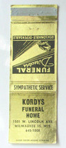 Kordy&#39;s Funeral Home - Milwaukee, Wisconsin 20 Strike Matchbook Cover Matchcover - £1.36 GBP
