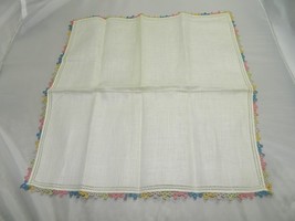 Vintage Ivory Colored Multi Colored Pastel Tatted Linen Handkerchief - £6.06 GBP