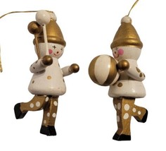 2 Pcs Vtg Handpainted Wooden Elf Clown w/ Ball White Gold Christmas Ornament EUC - £19.70 GBP