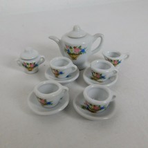 Porcelain 13 Piece Mini Miniature White w/Flower Basket Tea Set Teapot Dolls - £11.39 GBP